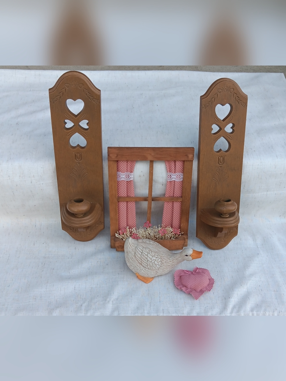 1980's Cottagecore Starter Lot. Includes 2 Wall Sconces, Goose, Window and Heart